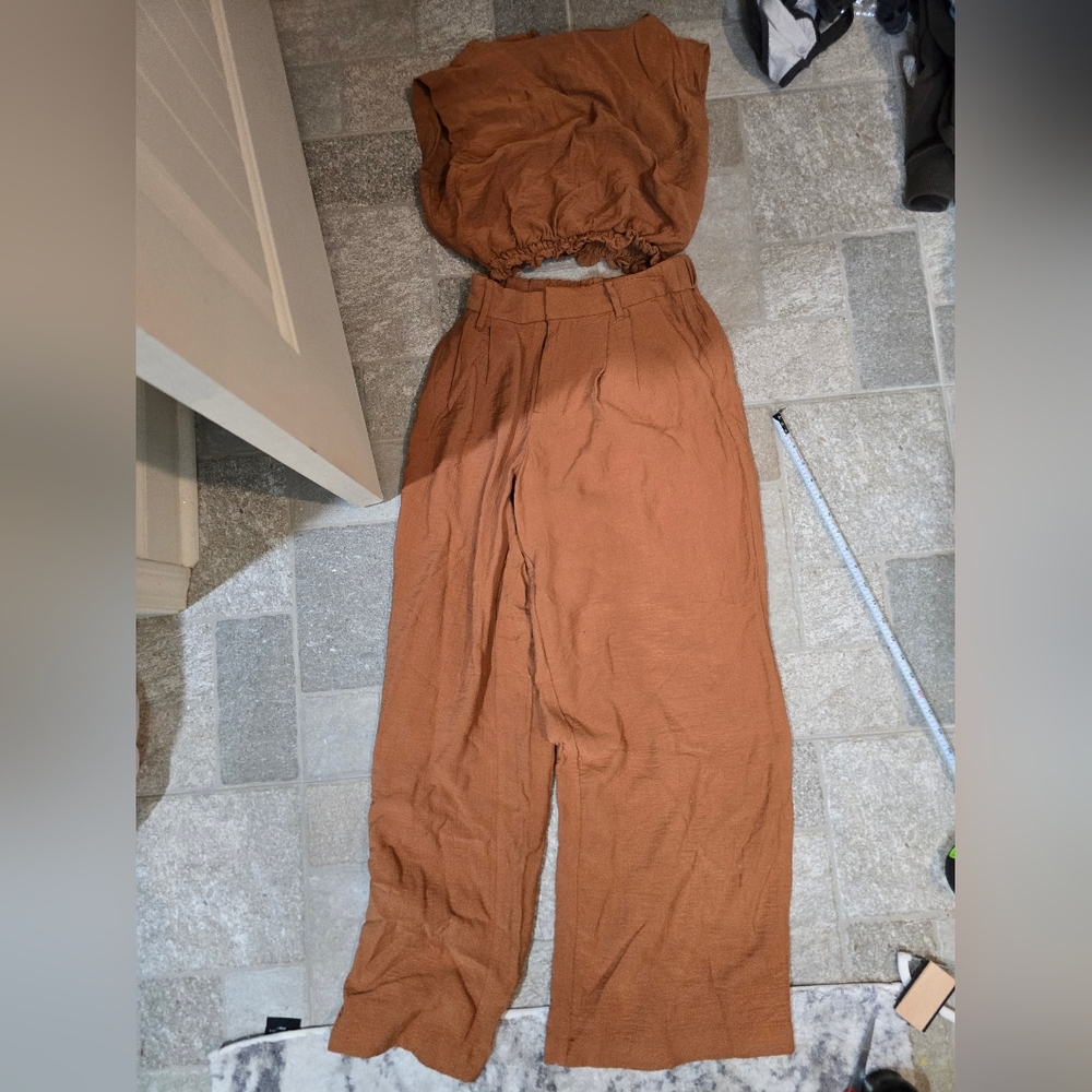 Top And Pants Set Brown Wide Leg Crop Top Tan Brown Orange Burnt XS S 2 A New Da - Picture 3 of 8